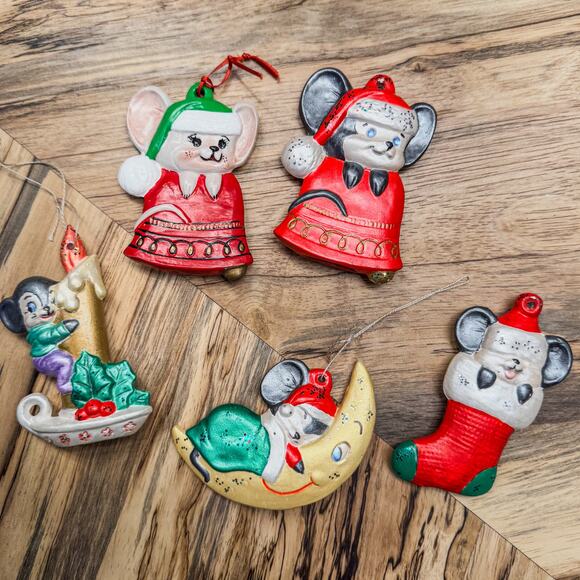 1980’s Vintage Holiday Mice Ornaments, Christmas Tree Ornaments, Set of 5 - Picture 1 of 12